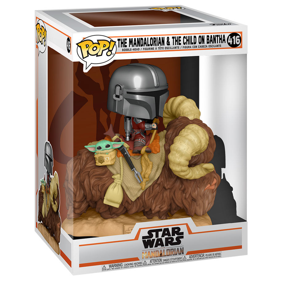 POP figure Star Wars The Mandalorian Mando on Bantha with Child in Bag Nerdscape