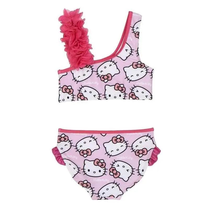 Bikini bambina Nerdscape rosa con stampa Hello Kitty e dettaglio volant, moda mare estiva.