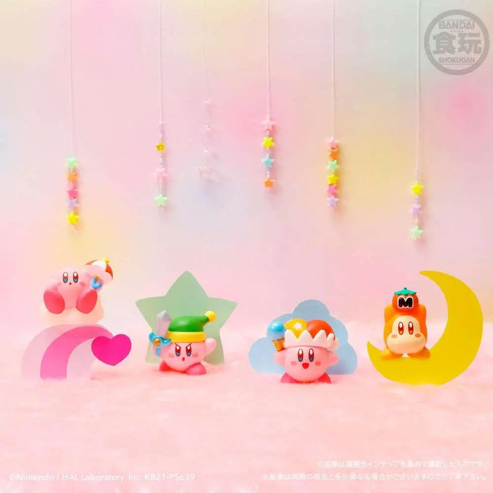 Figure collezionabili di Kirby e Waddle Dee BANDAI su sfondo pastello, decorazioni nerd Nerdscape