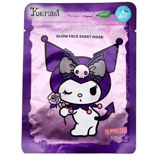 Maschera viso Kuromi confezione viola, personaggio anime con rosa, prodotto Nerdscape.