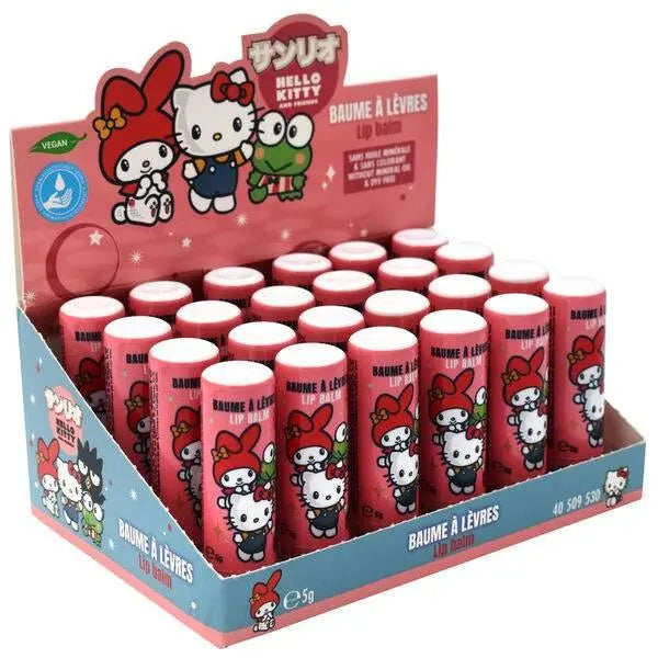 Espositore di balsami labbra Hello Kitty rosa, prodotti Nerdscape, tema kawaii.
