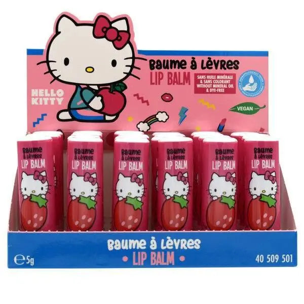 Espositore Nerdscape con burrocacao Hello Kitty rosa vegan, tema fragola, 5g.
