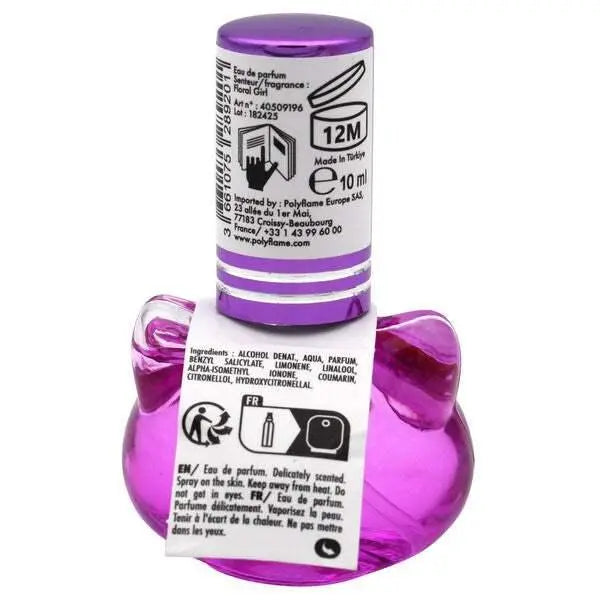 Boccetta di profumo viola a forma di gatto, etichetta informativa visibile, Nerdscape.
