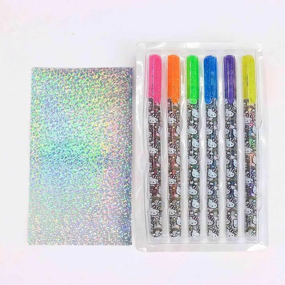 Set di penne colorate a tema Hello Kitty con cartoncino olografico, articoli Nerdscape