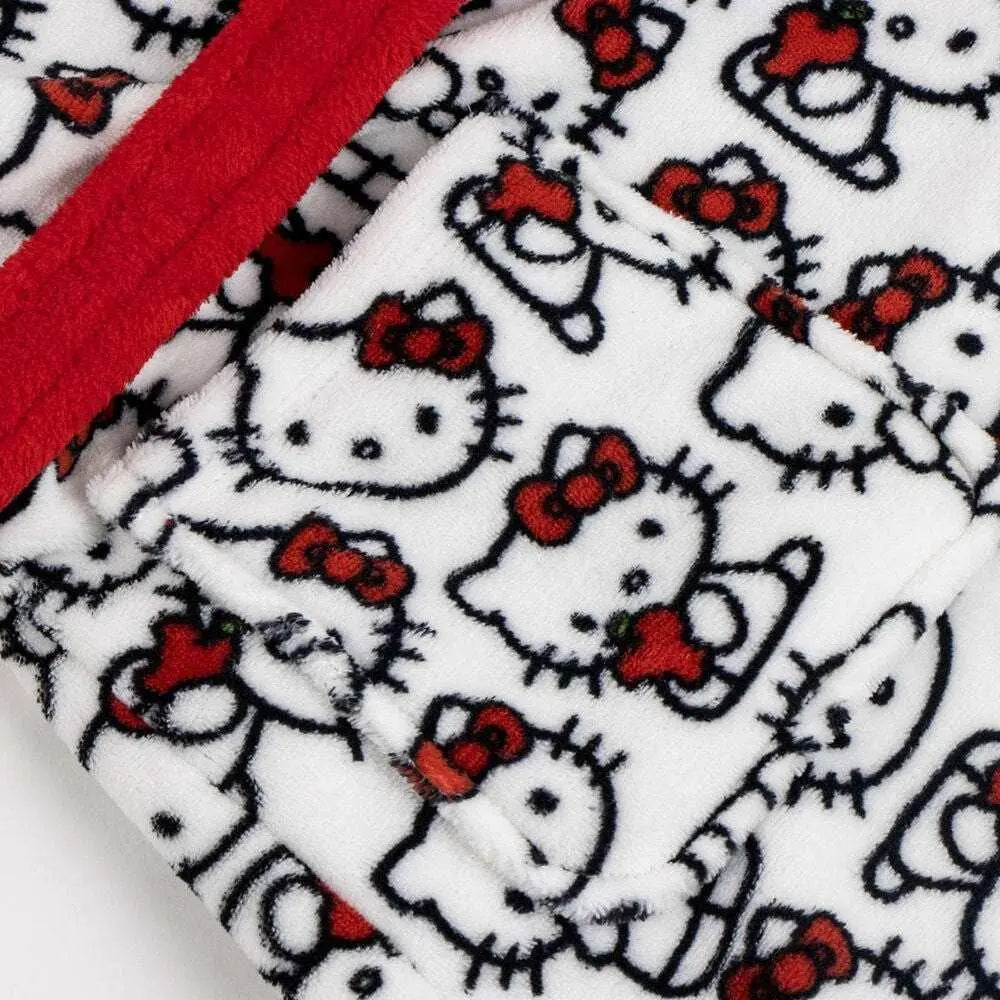 Tessuto pile bianco con stampa Hello Kitty, dettagli rossi, ideale per fan Nerdscape.