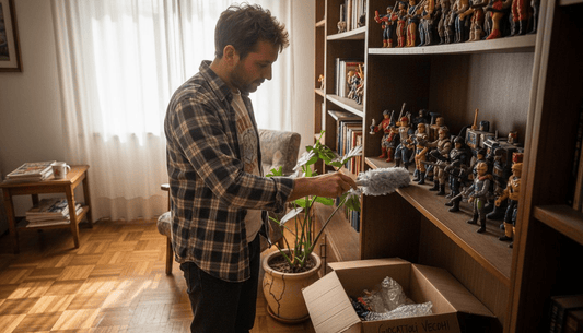 Collezionista pulisce action figure vintage su scaffale in salotto, Nerdscape giocattoli nerd.