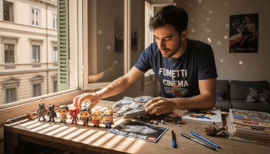 Giovane con maglietta Nerdscape sistema action figure e modellini su tavolo con fumetti