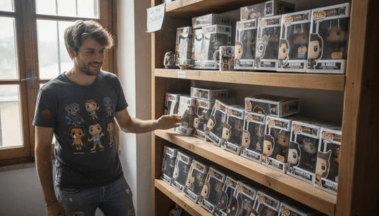 Collezionista Nerdscape mostra scaffale con Funko Pop in scatola vicino finestra
