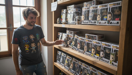 Collezionista Nerdscape mostra scaffale con Funko Pop in scatola vicino finestra