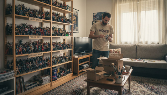 Collezionista Nerdscape sistema action figure Marvel e Guerra Stellari in salotto, scaffali pieni.