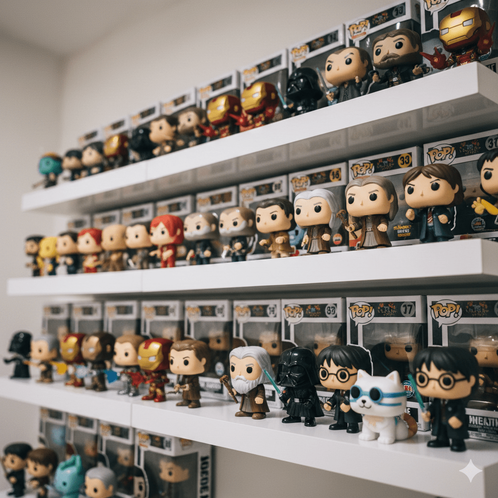 Collezione di action figure Funko Pop su scaffali, articoli nerd Nerdscape esposti in negozio.