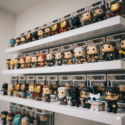 Collezione di action figure Funko Pop su scaffali, articoli nerd Nerdscape esposti in negozio.
