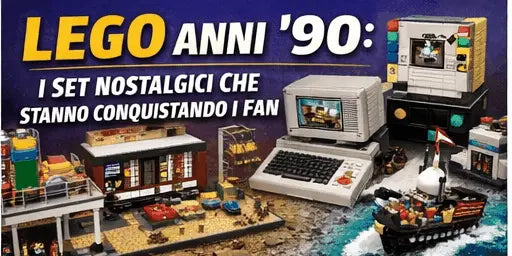 Set LEGO anni '90 in stile nostalgico su Nerdscape, con computer vintage e modellini iconici.