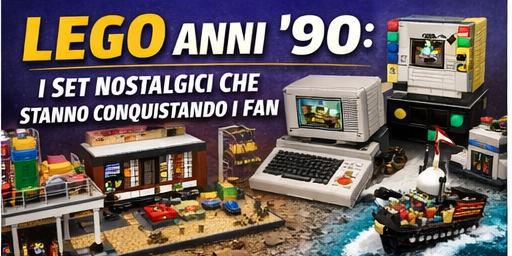 Set LEGO anni '90 in stile nostalgico su Nerdscape, con computer vintage e modellini iconici.