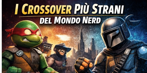 Tre personaggi nerd famosi in un'illustrazione crossover con sfondo città, promozione Nerdscape.