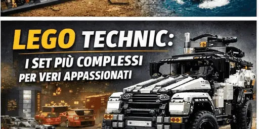 Banner Nerdscape con modelli LEGO Technic, veicolo fuoristrada dettagliato, testo promozionale.