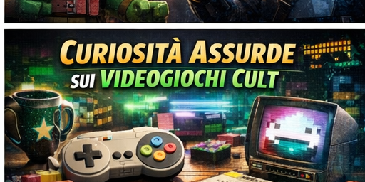 Controller retrò, tv pixelata e tazza nerd con scritta "Curiosità assurde sui videogiochi cult"