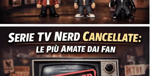 Action figures su tavolo e vecchia TV con scritta CANCELLED, tema serie nerd Nerdscape.