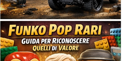 Banner Nerdscape con jeep giocattolo, Funko Pop rari e mattoncini LEGO colorati