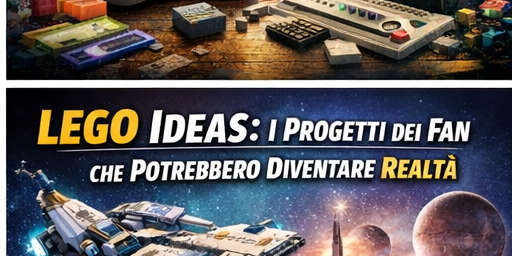 Set LEGO su tavolo di legno e astronave spaziale, banner Nerdscape, progetti fan LEGO Ideas.