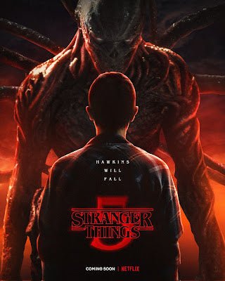 Poster Stranger Things 5 con ragazzo di spalle e creatura mostruosa, atmosfera oscura