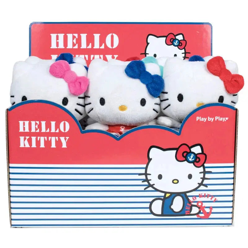 Peluches Hello Kitty in box espositore rosa e blu, merchandising Nerdscape.
