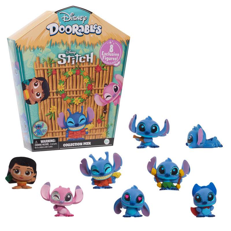 Doorables Disney Stitch Surprise figure collectible set with tropical-themed characters including Stitch, Lilo, and Angel