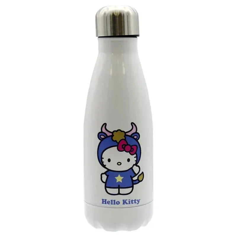 Borraccia termica bianca Hello Kitty con stampa colorata e tappo in acciaio, design nerd geek