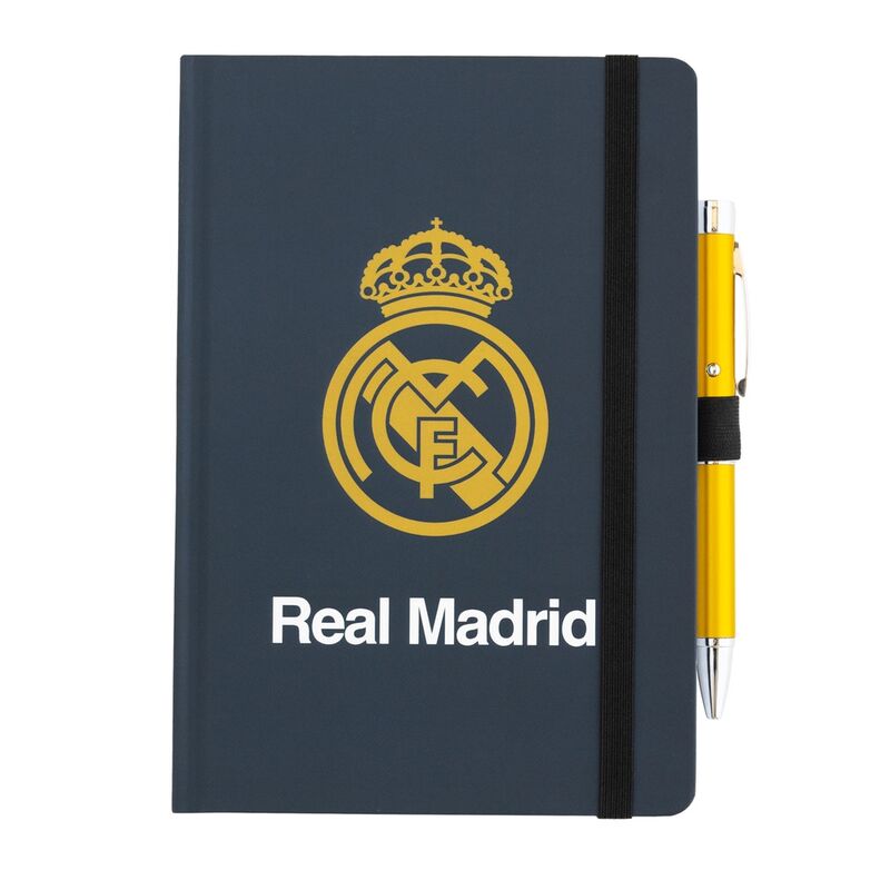 Real Madrid Notebook A5 Premium con Penna Proiettore Stemma - Hard Cover, Elastico, 96 Fogli Puntinati - Nerdscape Nerdscape