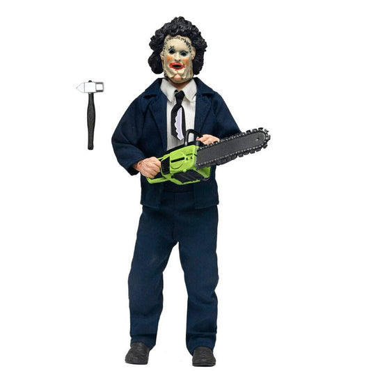 Figurine Leatherface habillé avec masque Pretty Woman, 20 cm, pour le 50e anniversaire du film Massacre à la tronçonneuse.