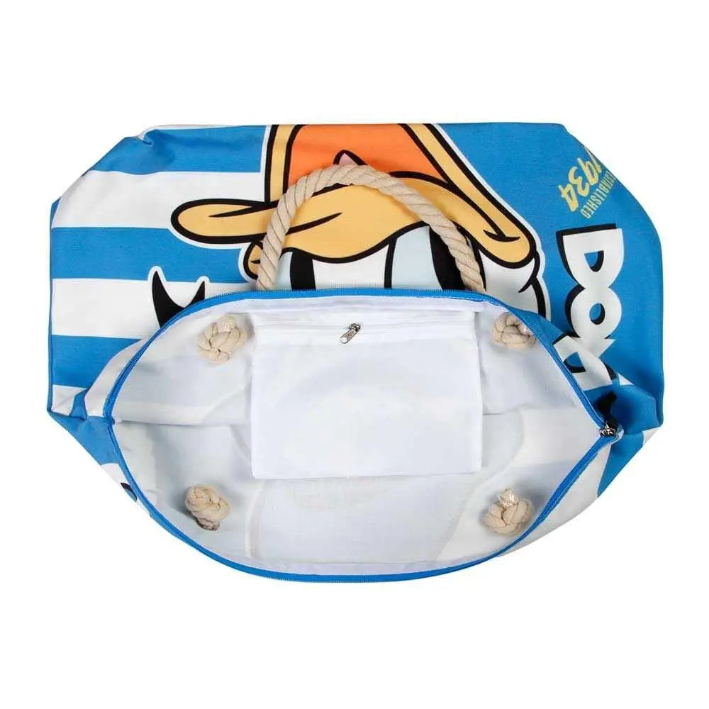 Borsa Nerdscape mare con righe blu, dettagli cartone animato, manici corda e tasca interna