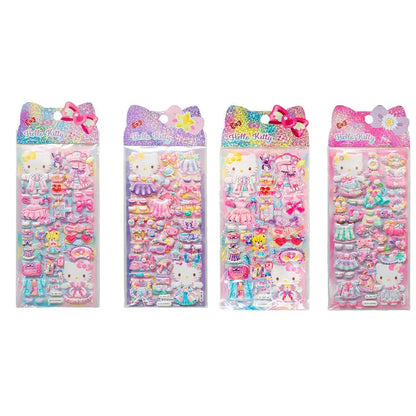 Quattro set di adesivi Hello Kitty colorati e glitterati con vestiti e accessori, su fondo bianco.