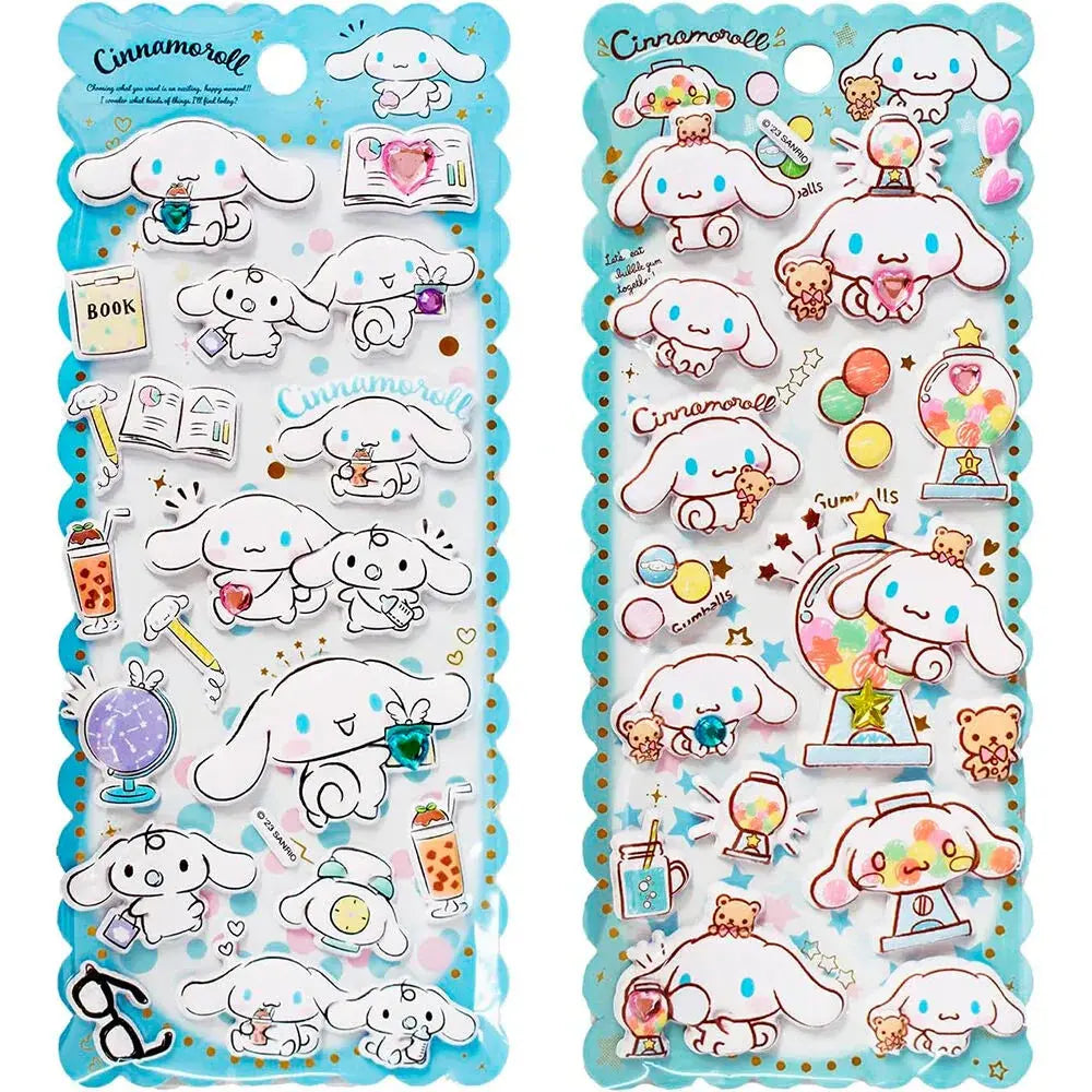 Adesivi Cinnamoroll kawaii su sfondo blu, ideali per fan e collezionisti Nerdscape.