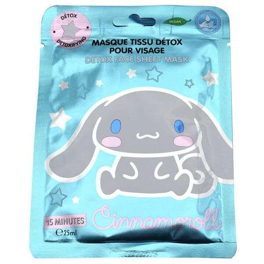 Maschera viso Cinnamoroll detox azzurra, packaging kawaii, articoli Nerdscape skincare