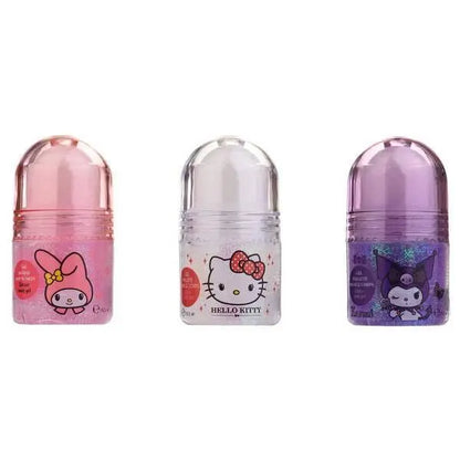 Tre gel corpo con personaggi kawaii, Hello Kitty, My Melody e Kuromi, su sfondo bianco Nerdscape.