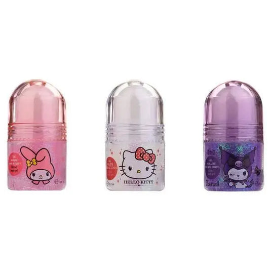 Tre gel corpo con personaggi kawaii, Hello Kitty, My Melody e Kuromi, su sfondo bianco Nerdscape.