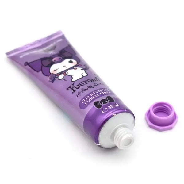 Tubo crema viola Kuromi da 30 ml su fondo bianco, accessorio kawaii Nerdscape.