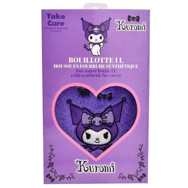 Borsa acqua calda Kuromi 1L con copertura in pelliccia sintetica viola, confezione NerdScape.