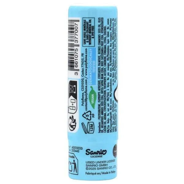 Stick labbra azzurro con etichetta ingredienti, licenza Sanrio, prodotto su Nerdscape