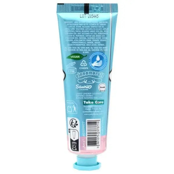 Tubo cosmetico azzurro Cinnamoroll Sanrio, etichetta vegan, shop NerdScape, retro confezione.