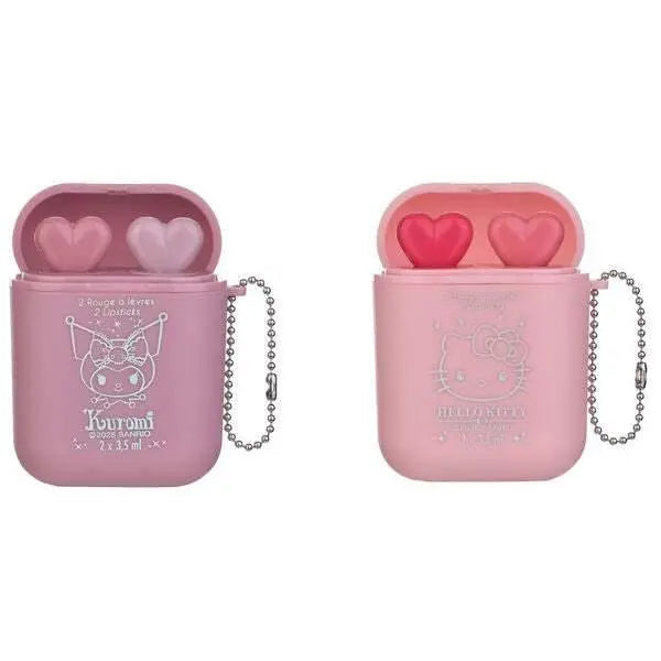 Balsamo labbra Kuromi e Hello Kitty con confezione a forma di custodia rosa, accessorio kawaii Nerdscape.