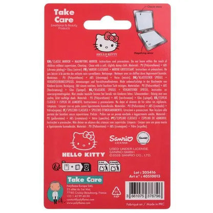 Retro confezione specchio Hello Kitty Take Care, rosso, dettagli istruzioni e logo Nerdscape.