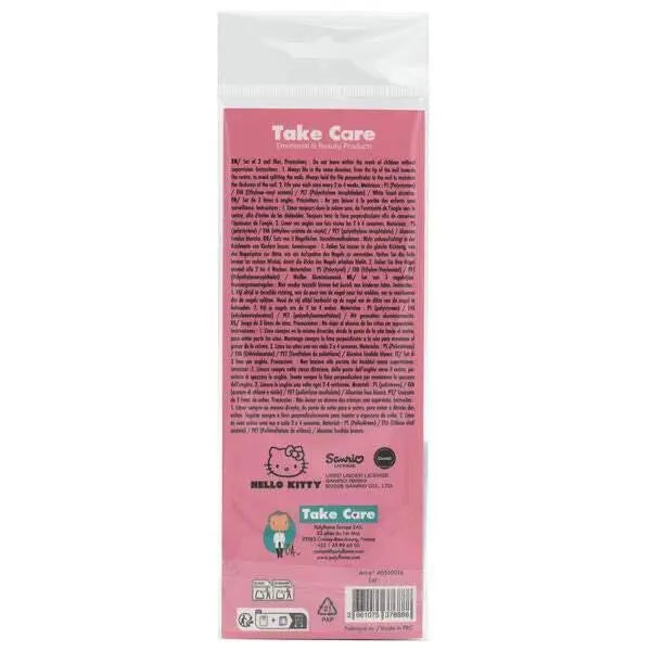 Retro confezione rosa Take Care Hello Kitty, dettagli ingredienti, licenza Sanrio, Nerdscape.