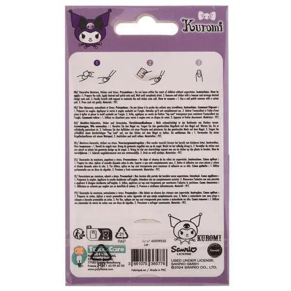 Retro confezione decorazioni Kuromi Sanrio, istruzioni su sfondo viola, prodotto Nerdscape