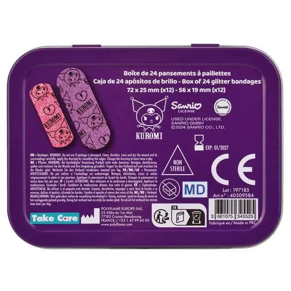 Scatola viola di cerotti glitterati Kuromi Sanrio, 24 pezzi, su Nerdscape