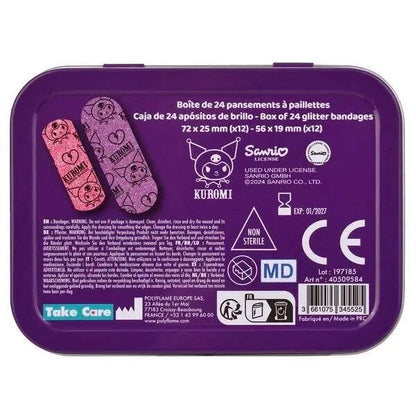 Scatola viola di cerotti glitterati Kuromi Sanrio, 24 pezzi, su Nerdscape