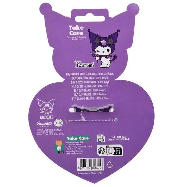 Clip per capelli Kuromi Sanrio su confezione viola a forma di cuore, accessorio nerd kawaii.