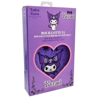 Borraccia termica Kuromi 1L con copertura in pelliccia sintetica viola, confezione viola Nerdscape.