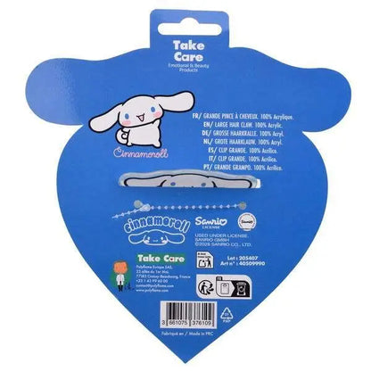 Confezione azzurra Nerdscape fermaglio capelli Cinnamoroll Sanrio, dettaglio retro e logo