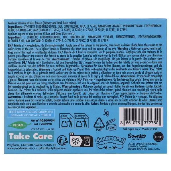 Retro scatola azzurra per palette ombretti vegan, Cinnamoroll, dettagli ingredienti e istruzioni, Nerdscape.